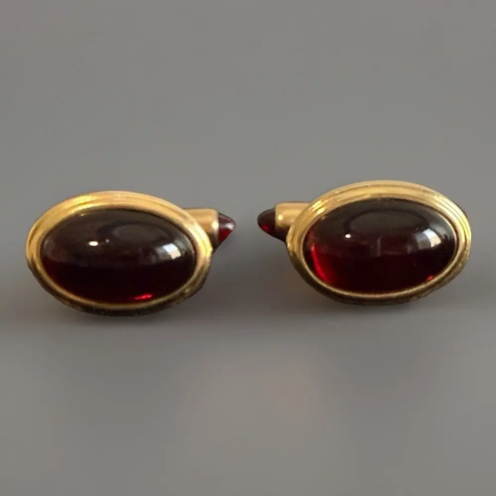 Vtg Krementz Gold Overlay Cuff Links Garnet Colored Glass Cabochon Jeweled Flips